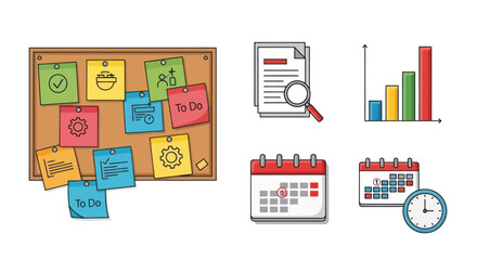 Business Planning and Task Management Icons Set with Cork Board and Calendars.