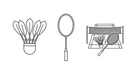 Outlined Badminton Equipment Set: Shuttlecock Racket and Net.