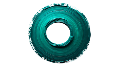 Teal paint stroke in a ring shape, rough textures, black background, isolated