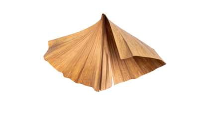 A close-up of a stylized, origami-like form made of textured, layered wood or leaf