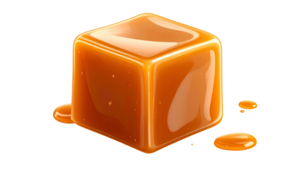 Close-up of a glossy, square caramel candy, with small drips on a black background