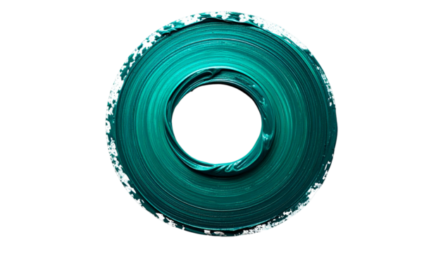 Teal paint stroke in a ring shape, rough textures, black background, isolated