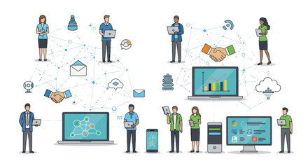 Business people and technology icons illustrating a corporate communication network.