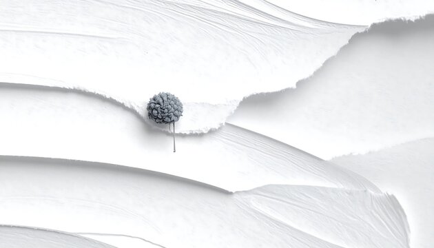 An abstract, monochromatic composition showing layers of torn paper with a small, textured, grey sphere resembling a tree