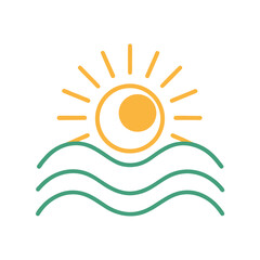 Stylized Sun Over Wavy Green Lines Representing Water waves ocean