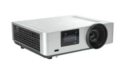 Modern, sleek white projector with lens and vents