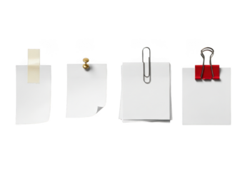 Four white sticky notes with tape, push pin, paper clip and red binder clip, office supplies, memo isolated on transparent background