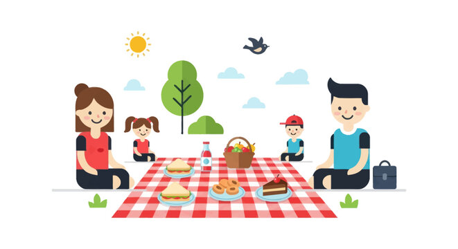 Cheerful family enjoying a sunny outdoor picnic with food and drinks.