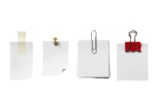 Four white sticky notes with tape, push pin, paper clip and red binder clip, office supplies, memo isolated on transparent background