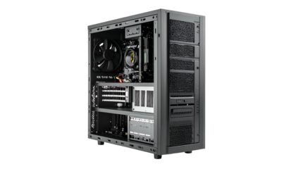 Computer case interior revealing components and motherboard