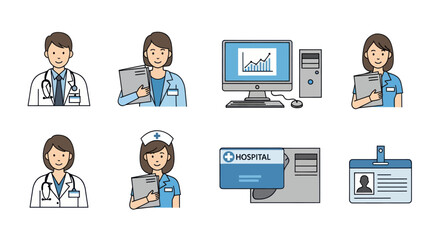 Collection of Medical Professionals and Hospital-Related Icons.