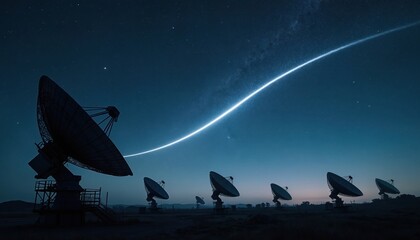 Radio telescope array points skyward under star filled night. Satellite dishes track celestial objects and cosmic signals across dark expanse. Futuristic research array gathers data from deep space.