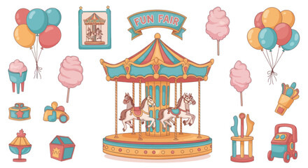 Colorful Carnival and Fairground Attractions with Carousel and Balloons.