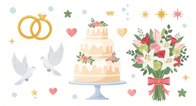 A charming collection of wedding celebration icons featuring a cake rings doves and a floral bouquet. - Powered by Adobe