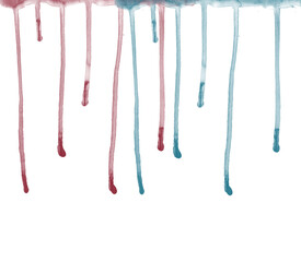 Color drip art with vertical pink and blue paint lines on clean white wall