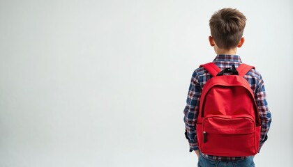 A young boy stands with his back to the camera wearing a red backpack. He is dressed in a checkered shirt and jeans on white background. The photo conveys back to school concept.