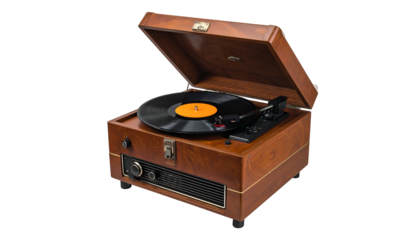 Wood-cased turntable with open lid and vinyl record