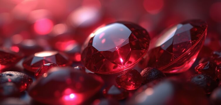 Close view shows multiple red ruby stones with facets. Gems glitter. Precious rubies illustrate richness, wealth. Luxury background ideal for jewelry shop advertising design project. Red gem symbol