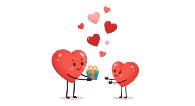 Two cartoon hearts exchanging a gift with smaller hearts floating above.