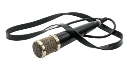 Studio microphone with a black cable wrapped around it