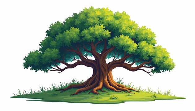 Large green tree with thick brown trunk and sprawling roots stands on grass. Rich foliage forms canopy, branches spread wide. Flat visual style illustration, organic nature graphic.