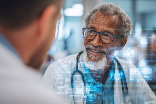 Happy senior doctor interacting with a colleague, with overlaid holographic medical data and tech interfaces, symbolizing technology-enabled healthcare and progress. - Powered by Adobe