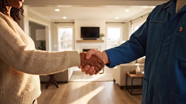 Successful Home Service: Handshake Agreement in Bright Living Room