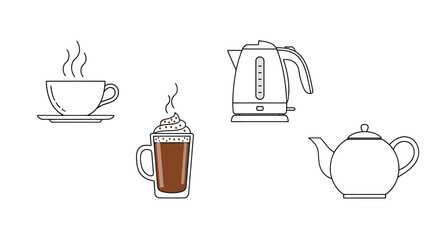 Outlined Coffee Cup Latte Kettle and Teapot Illustrations.
