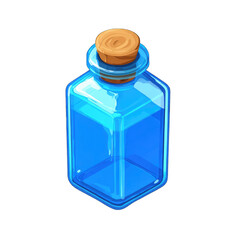 Blue potion in a rectangular glass bottle with wooden stopper
