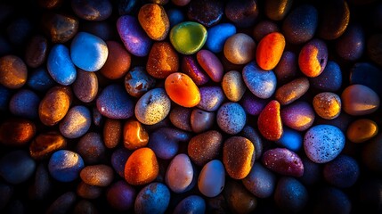 A closeup, highangle shot of a pile of smooth, colorful, and varied pebbles, with a dark background creating a dramatic effect