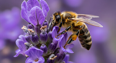 A close up of a bee on a purple flower collecting pollen in a garden during the spring season