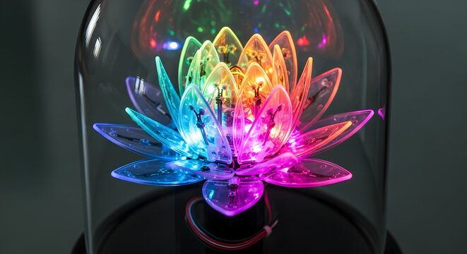Illuminated lotus flower light encased in a glass dome on a dark surface with colorful reflections