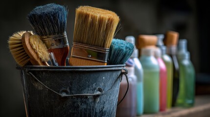 Beautiful photo of closeup of a bucket filled with mixed cleaning solutions and brushes lined up ready for use emphasizing preparation and attention to detail.