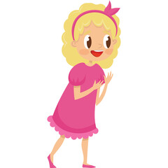Young Caucasian Girl with Blond Curly Hair Wearing a Pink Dress and Pink Shoes Posing with Happy Expression and Clasped Hands Isolated on White