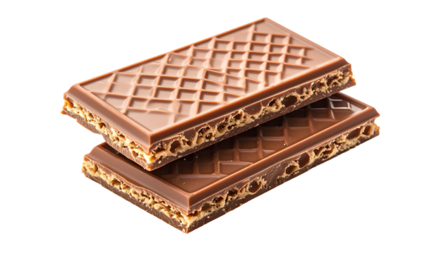 Two rectangular chocolate wafers stacked, detailed texture visible, isolated on black background