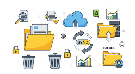 Data Management and Cloud Storage Illustration with Folders Charts and Sync Icons.