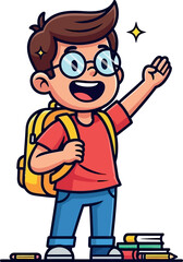 Happy boy with backpack and books ready for school adventures cheerful greeting vector