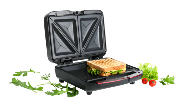 Toasted sandwich in electric grill, surrounded by greenery