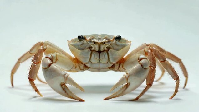 A close-up studio shot of a light-colored crab with its claws extended on a white background.
