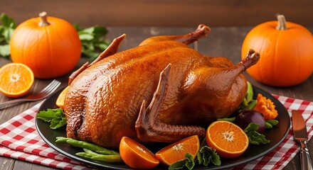 Roasted turkey with pumpkins and oranges on a festive table setting