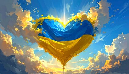 Heart-shaped art using blue and yellow colors, amidst clouds and light