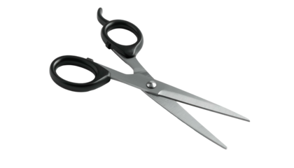Open scissors show sharp blades with black plastic handles