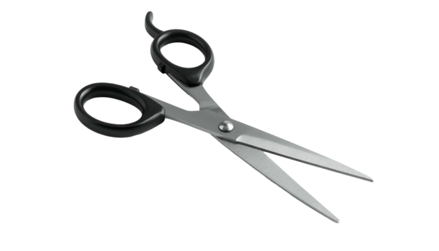 Open scissors show sharp blades with black plastic handles