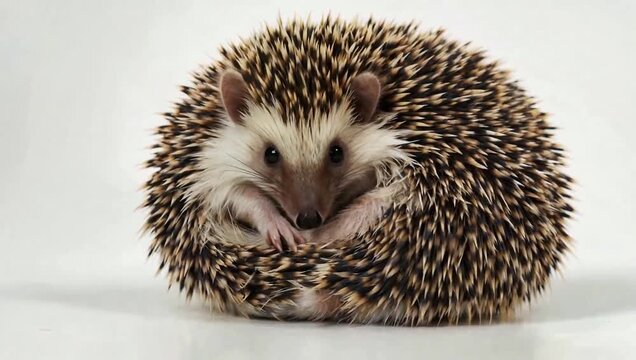 A small hedgehog curled up into a ball, showcasing its sharp quills and cute face.