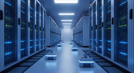 A server room with rows of servers and automated robots for maintenance and data management in blue light