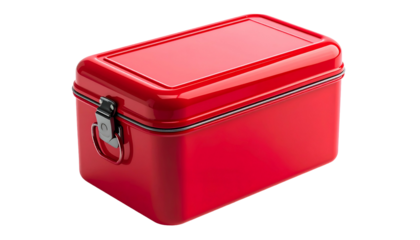 A vibrant, glossy red metal lunchbox with a secure latch and minimalist design