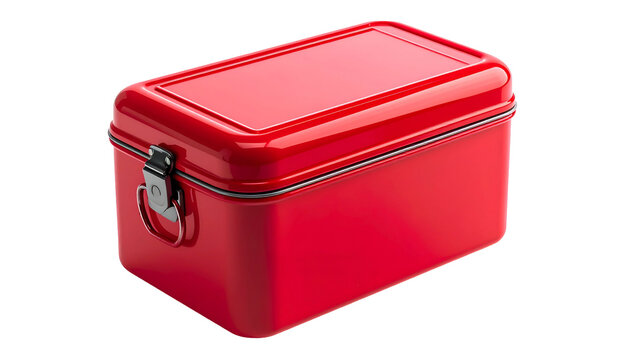 A vibrant, glossy red metal lunchbox with a secure latch and minimalist design