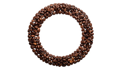 Circular arrangement of roasted coffee beans on a stark black background. A rich, brown color