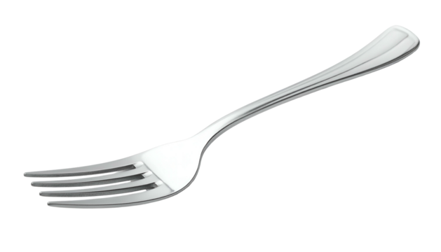 Silverware Sleek shiny metal fork with tines angled slightly upwards