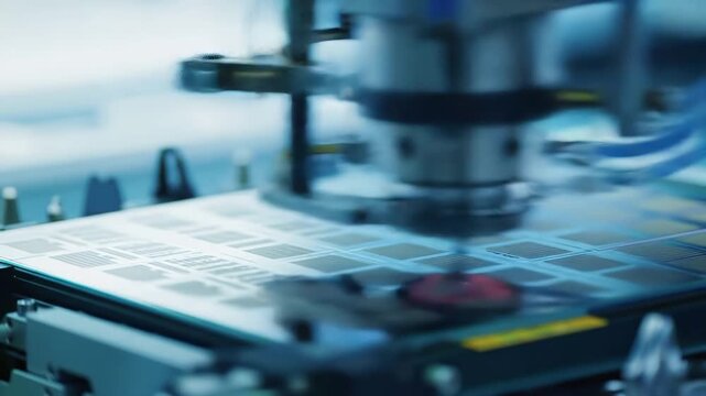 Closeup of an advanced robotic arm performing precise operations on a microchip wafer in a hightech manufacturing facility showcasing automation and precision engineering in electronics production.